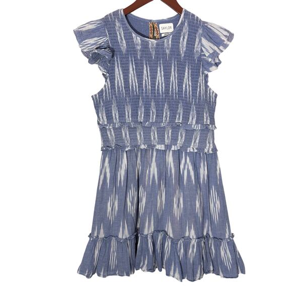 Saylor Large Zinnia Smocked Mini Dress Ikat Indigo Blue Small Flutter Sleeve - Picture 2 of 9